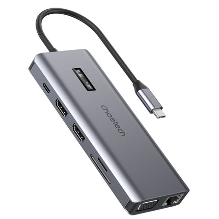 CHOETECH HUB multifunction adapter with USB-C USB-A VGA AUX SD TF 12w1 grey display