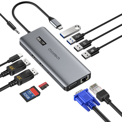 CHOETECH HUB multifunction adapter with USB-C USB-A VGA AUX SD TF 12w1 grey display – image 2