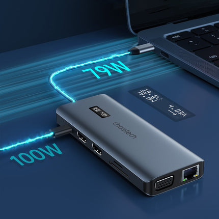 CHOETECH HUB multifunction adapter with USB-C USB-A VGA AUX SD TF 12w1 grey display – image 3