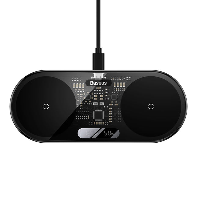 BASEUS Double QI wireless charger with USB-C 20W display - black