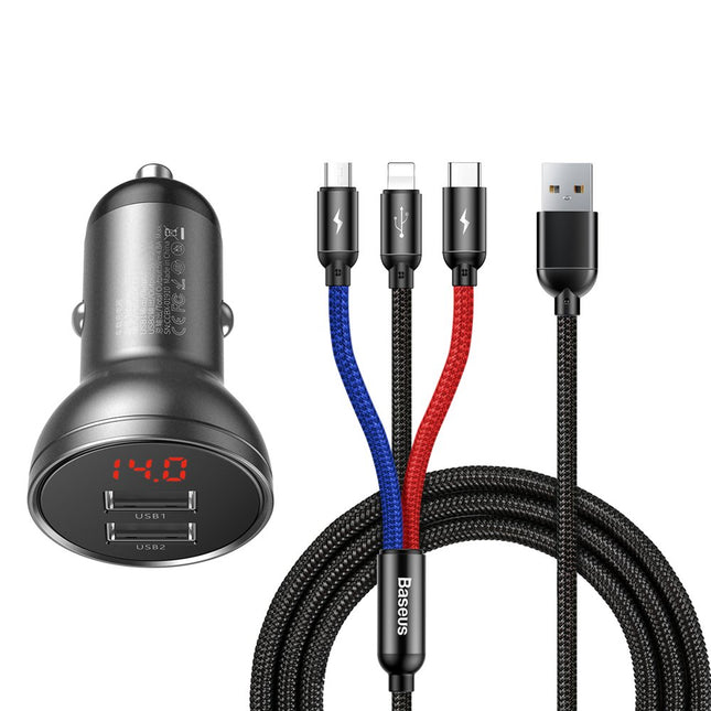BASEUS Car Charger 2x USB 4.8A 24W with LCD display + 3w1 cable 1.2m black