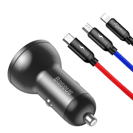 BASEUS Car Charger 2x USB 4.8A 24W with LCD display + 3w1 cable 1.2m black – image 3