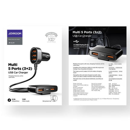 JOYROOM Fast car charger 5x USB 6.2A with extension black – image 5