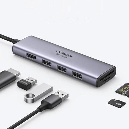 UGREEN 6w1 Multifunction HUB USB-C - 3x USB HDMI 4K card reader SD and TF grey – image 3