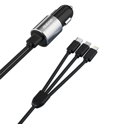 DUDAO 3in1 USB car charger + built-in Lightning USB-C micro USB cable, black – image 2