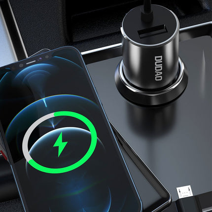 DUDAO 3in1 USB car charger + built-in Lightning USB-C micro USB cable, black – image 4