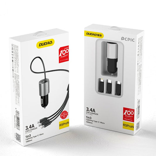 DUDAO 3in1 USB car charger + built-in Lightning USB-C micro USB cable, black