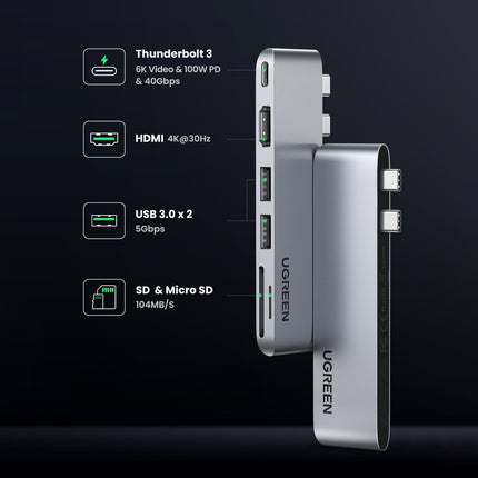 UGREEN Port splitter HUB MacBook Air Pro 2x USB-C HDMI 2x USB 3.0 SD TF PD gray – image 6