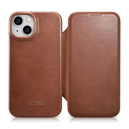 ICARER iPhone 14 Plus Magnetic Flip Leather Case MagSafe CE Oil Wax Premium Leather Brown