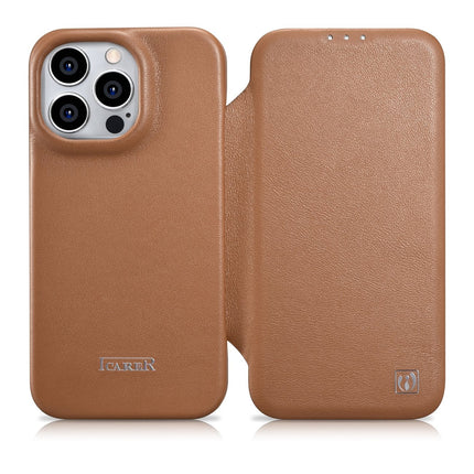 ICARER iPhone 14 Pro leather case with magnetic flap MagSafe CE Premium Leather light brown