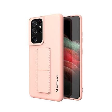 WOZINSKY Silicone Case with Stand for Samsung Galaxy S21 Ultra 5G Kickstand Case Pink