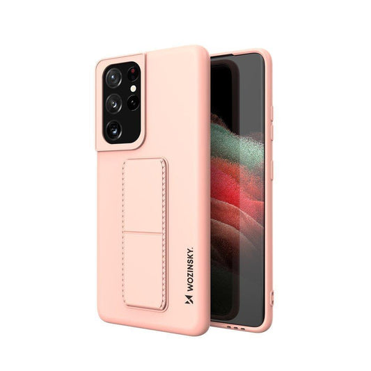 WOZINSKY Silicone Case with Stand for Samsung Galaxy S21 Ultra 5G Kickstand Case Pink