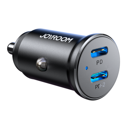 JOYROOM Mini car charger for cigarette lighter socket 30W 2x USB-C, metal, black