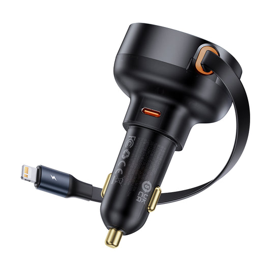 BASEUS Car charger with retractable cable for iPhone Lightning USB-C 60W, black
