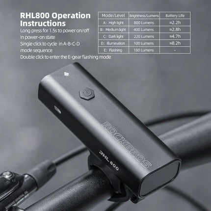 ROCKBROS Front bicycle light 800lm + USB-C cable 4 operating modes – image 6