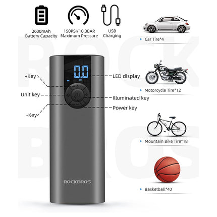 ROCKBROS Electric bicycle pump motor auto ball 10 bar with LED display + USB-C cable, black – image 2