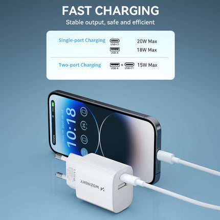 WOZINSKY 20W USB-A USB-C 100-240V wall charger, white – image 9