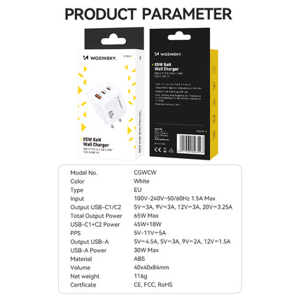 WOZINSKY GaN 65W 100-240V USB-A 2x USB-C wall charger white – image 4