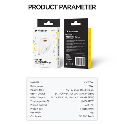 WOZINSKY PD QC 3.0 mains charger 100-240V 20W USB-C USB-A white – image 4