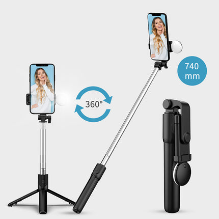 HURTEL Telescopic selfie stick with remote control + LED light, tripod stand for phone 0.71 m - black – image 7