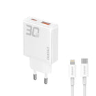 DUDAO GaN A30EUL 30W USB-A USB-C mains charger + USB-C - Lightning cable - white