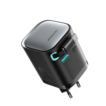 JOYROOM GaN 65W USB-A USB-C wall charger with built-in USB-C cable - black – image 2