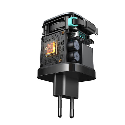 JOYROOM GaN 65W USB-A USB-C wall charger with built-in USB-C cable - black – image 4