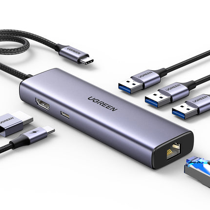 UGREEN 6in1 HUB USB-C adapter - 3x USB-A 3.0 / HDMI / RJ45 / USB-C PD - gray
