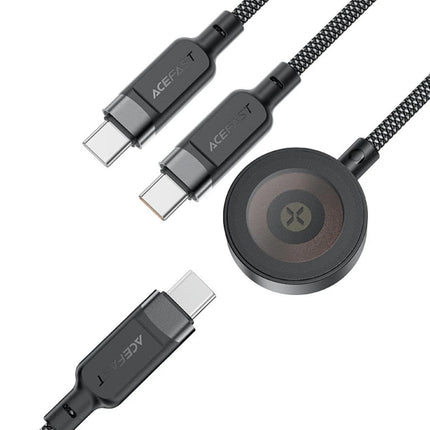 ACEFAST 3in1 Cable USB-C - 2x USB-C / Apple Watch Qi charger 480Mb/s 100W 1.2m - black – image 3