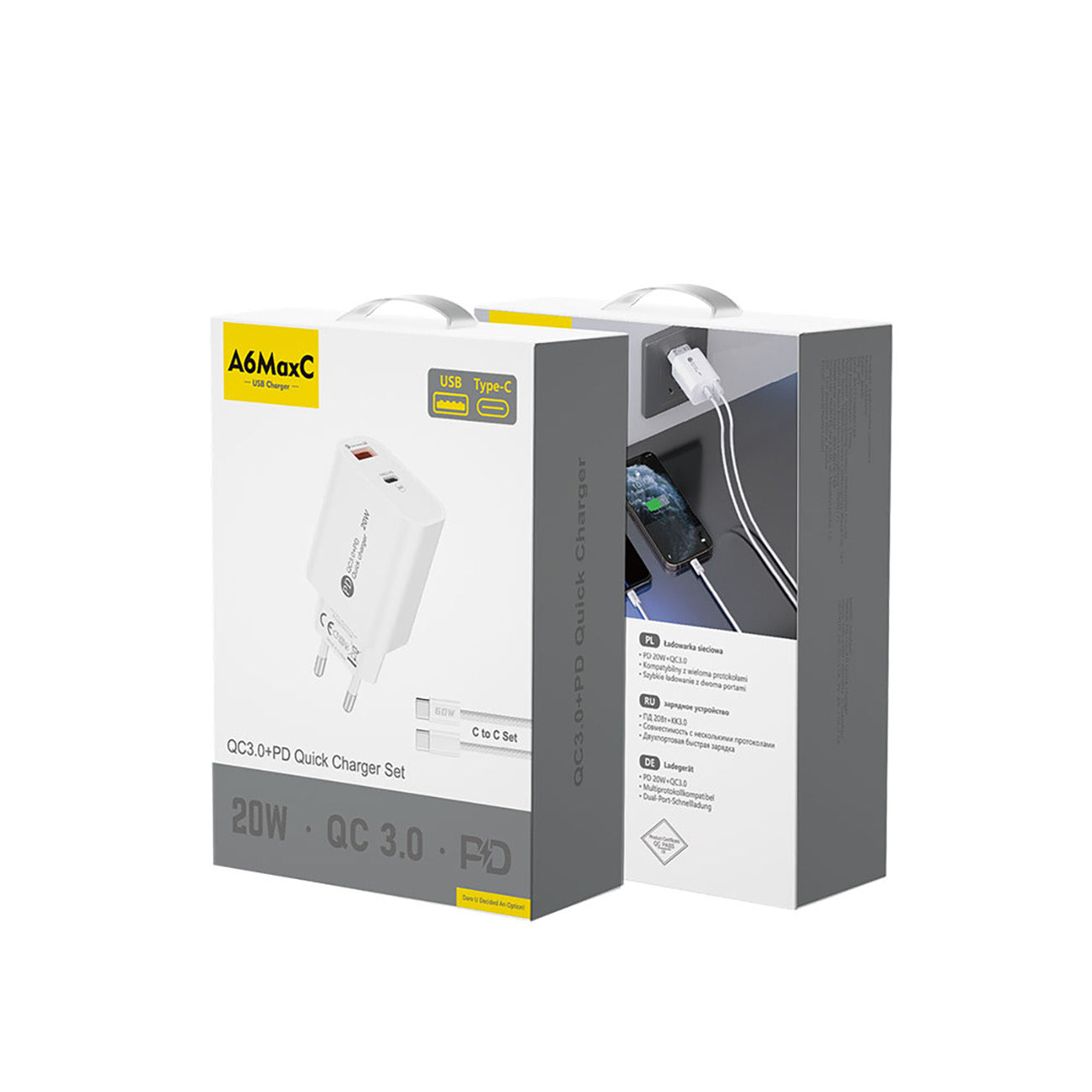 HURTEL 20W USB-A USB-C wall charger with 1m USB-C cable - white – image 3