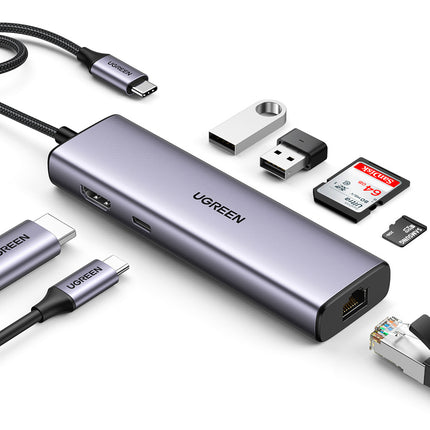 UGREEN HUB Adapter USB-C - USB-A / HDMI / RJ45 / SD and TF card reader / USB-C PD 100W - gray – image 2