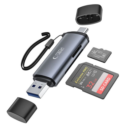 Tech-Protect SD / micro SD memory card reader with USB-C / USB-A connectors - gray