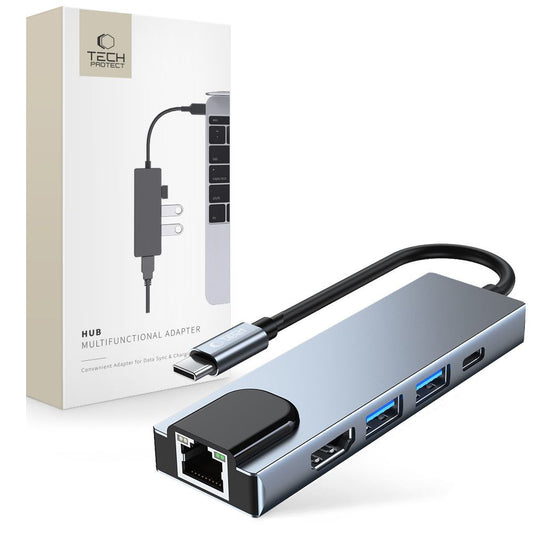Tech-Protect 5in1 HUB USB-C to USB-C USB-A HDMI RJ45 splitter - gray