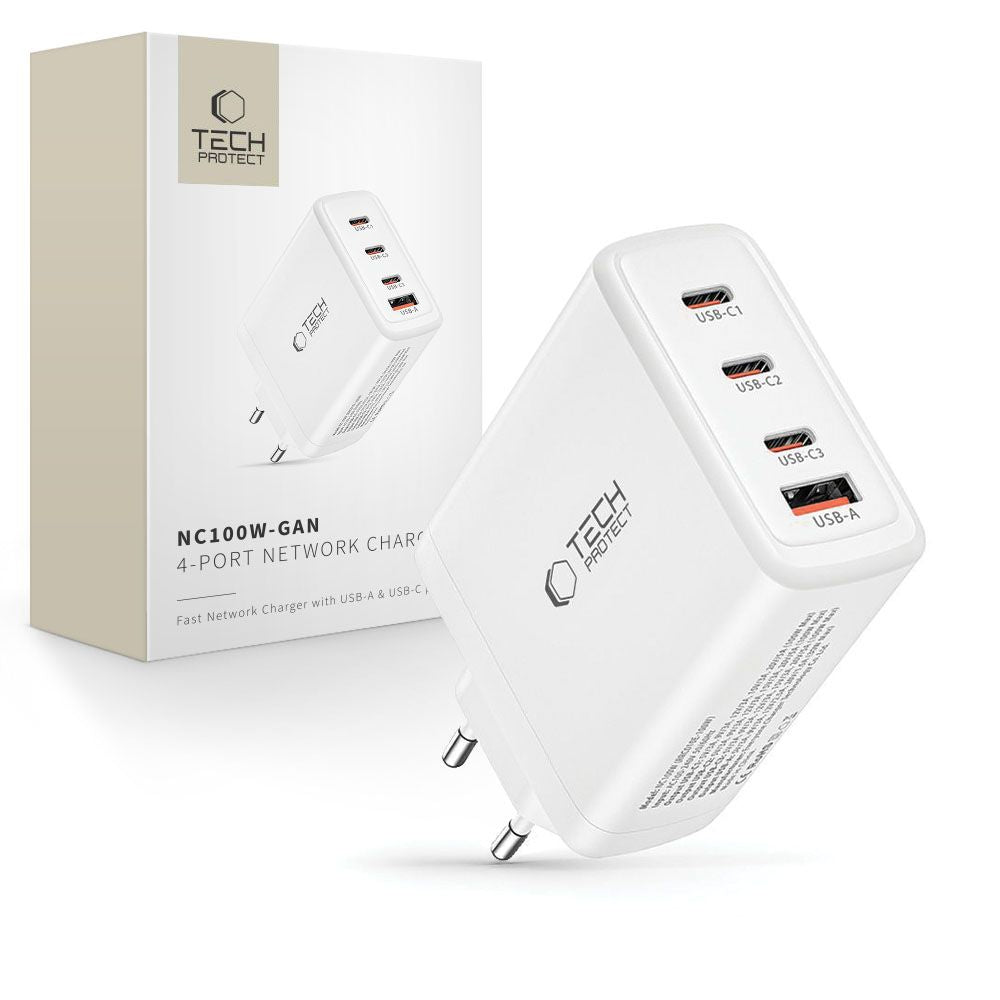 Tech-Protect GaN 3x USB-C PD USB-A QC 100W charger - white