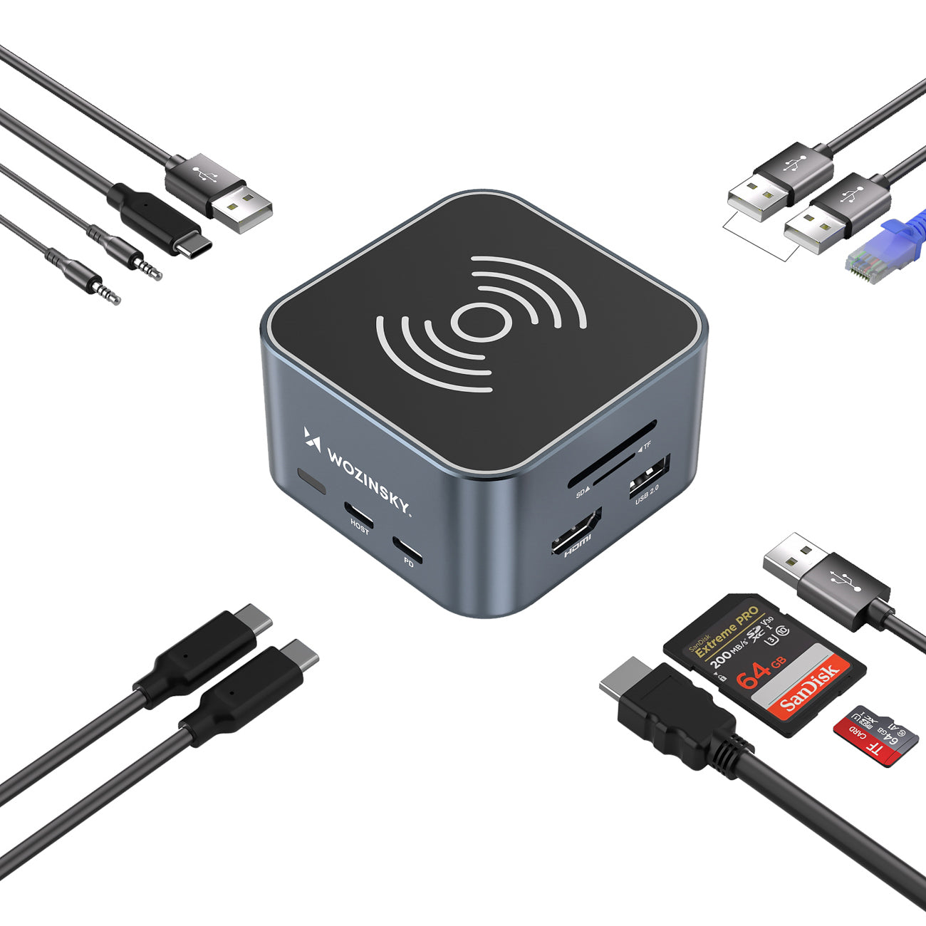 WOZINSKY 12in1 Hub with wireless charger USB-A USB-C HDMI RJ45 SD TF mini jack - gray – image 4