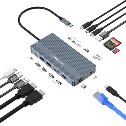WOZINSKY 14in1 HUB for 3 monitors USB-A USB-C DisplayPort HDMI RJ45 SD TF mini jack - gray – image 2