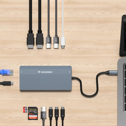 WOZINSKY 14in1 HUB for 3 monitors USB-A USB-C DisplayPort HDMI RJ45 SD TF mini jack - gray – image 4