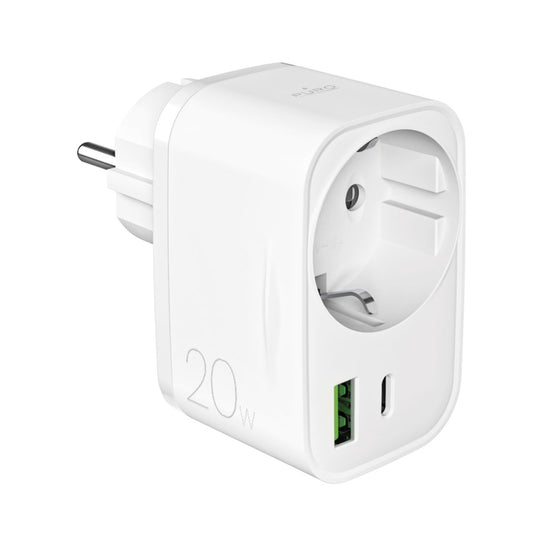 PURO USB-A USB-C mains charger with Schuko PD 20W socket - white
