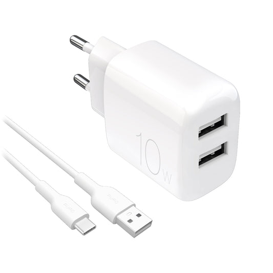 PURO 2x USB-A PROLITE 10W mains charger with USB-A - USB-C cable 1.2m - white