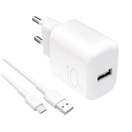 PURO USB-A PROLITE 10W wall charger with USB-A - USB-C 1.2m cable - white