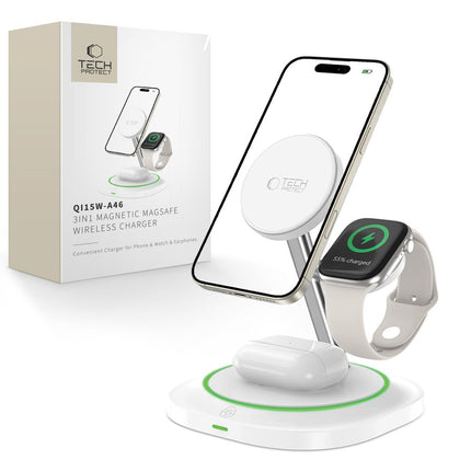 Tech-Protect 3in1 inductive charger for smartphone, smartwatch, Magnetic MagSafe headphones - white