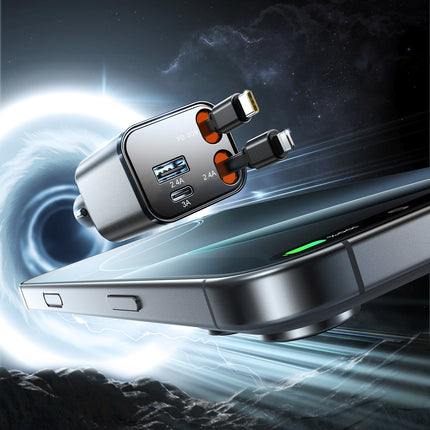 JOYROOM 4in1 car charger with retractable cables USB-A USB-C 30W - dark gray – image 5