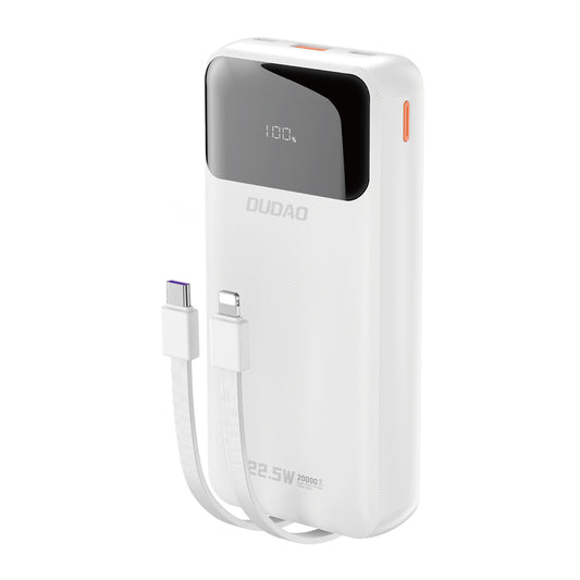 DUDAO Powerbank 20000mAh 22.5W PD USB-C USB-A with built-in iPhone Lightning USB-C cables - white