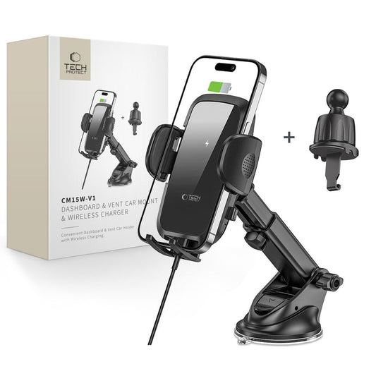 Tech-Protect Car holder with inductive phone charger for the cockpit, grid, 15W - black