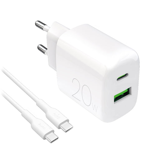 PURO USB-A USB-C 20W wall charger with 1.2m USB-C cable - white