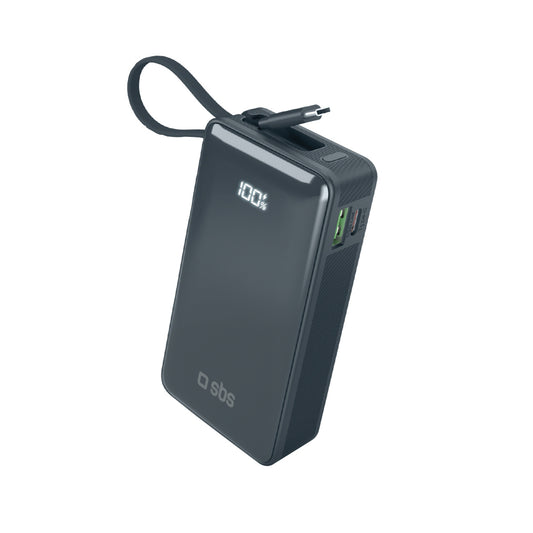 SBS Powerbank 10000mAh USB-A USB-C with built-in display, 20W USB-C cable - dark gray