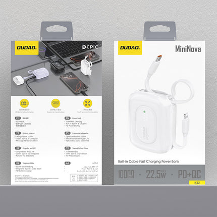 DUDAO Powerbank K32 10000 mAh with built-in USB-C cable iPhone Lightning 22.5W - white – image 5