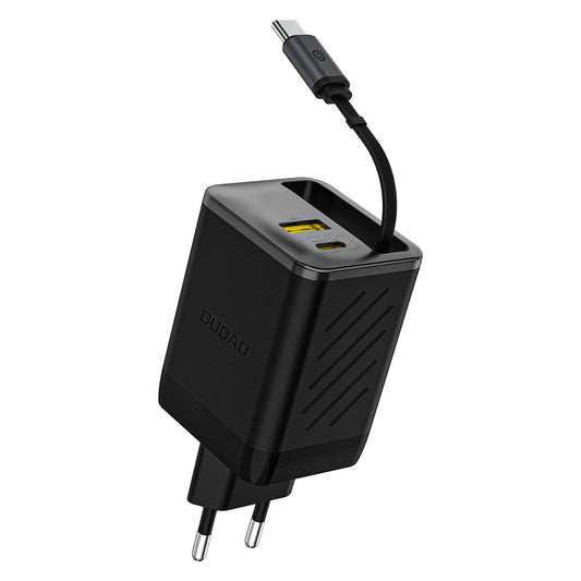 DUDAO USB-A USB-C GaN 67W wall charger with USB-C PD QC retractable cable - black