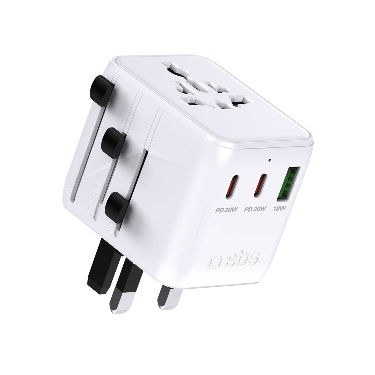 SBS USB-C USB-A EU UK US AUS JP network travel adapter - white