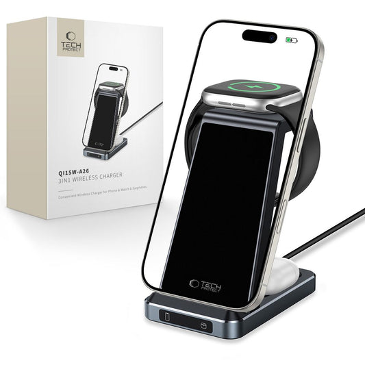 Tech-Protect 3in1 inductive charger for smartphone, Apple Watch 15W headphones - black